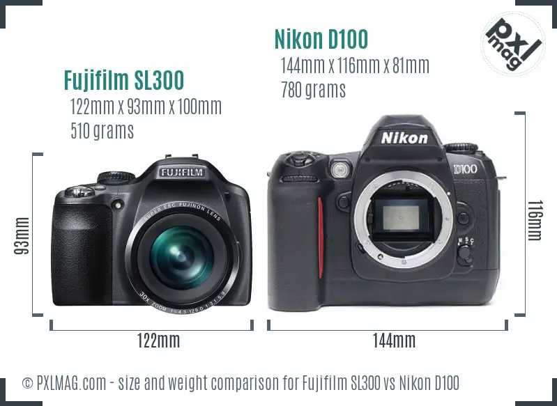 Fujifilm SL300 vs Nikon D100 size comparison