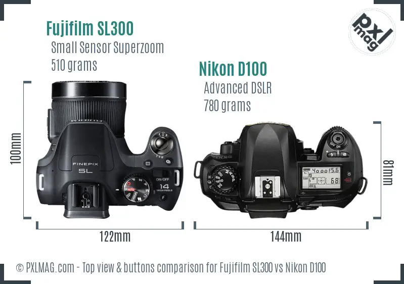 Fujifilm SL300 vs Nikon D100 top view buttons comparison