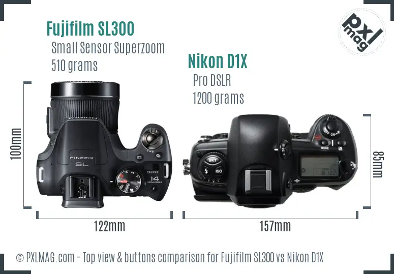 Fujifilm SL300 vs Nikon D1X top view buttons comparison