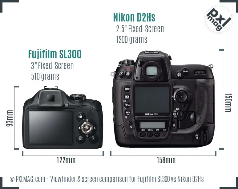 Fujifilm SL300 vs Nikon D2Hs Screen and Viewfinder comparison