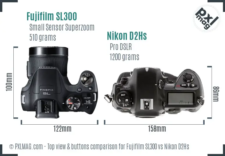 Fujifilm SL300 vs Nikon D2Hs top view buttons comparison