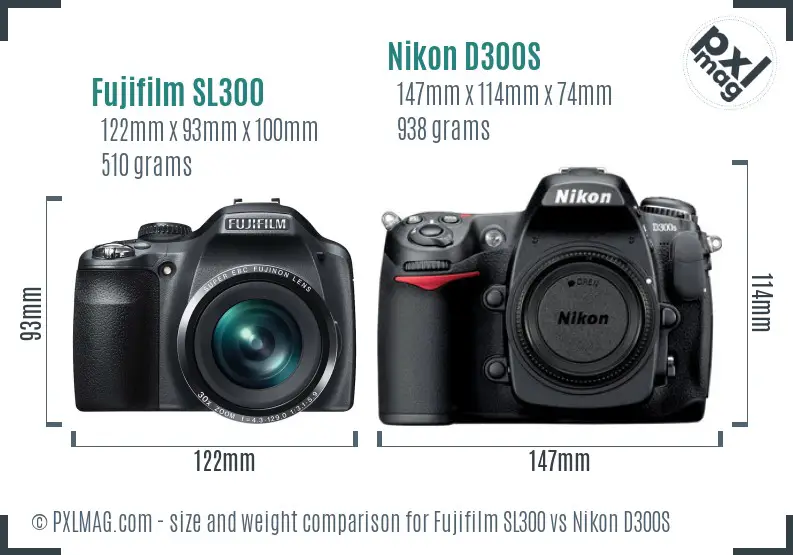 Fujifilm SL300 vs Nikon D300S size comparison