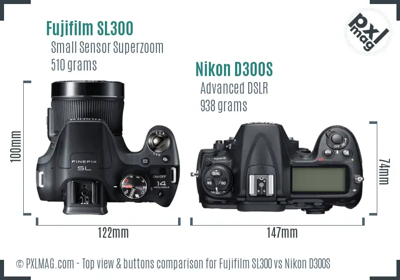 Fujifilm SL300 vs Nikon D300S top view buttons comparison
