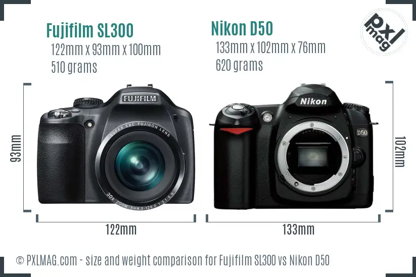 Fujifilm SL300 vs Nikon D50 size comparison