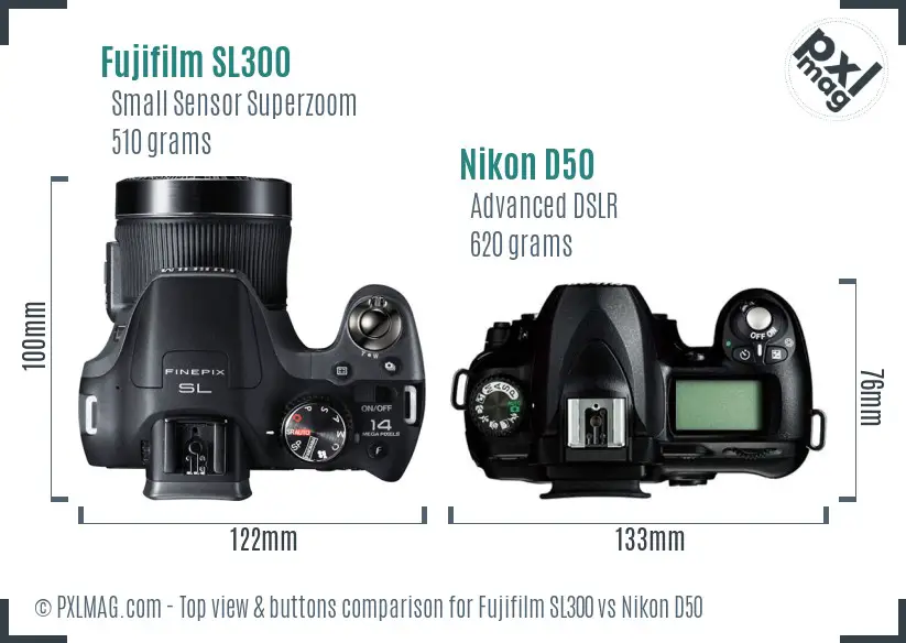 Fujifilm SL300 vs Nikon D50 top view buttons comparison