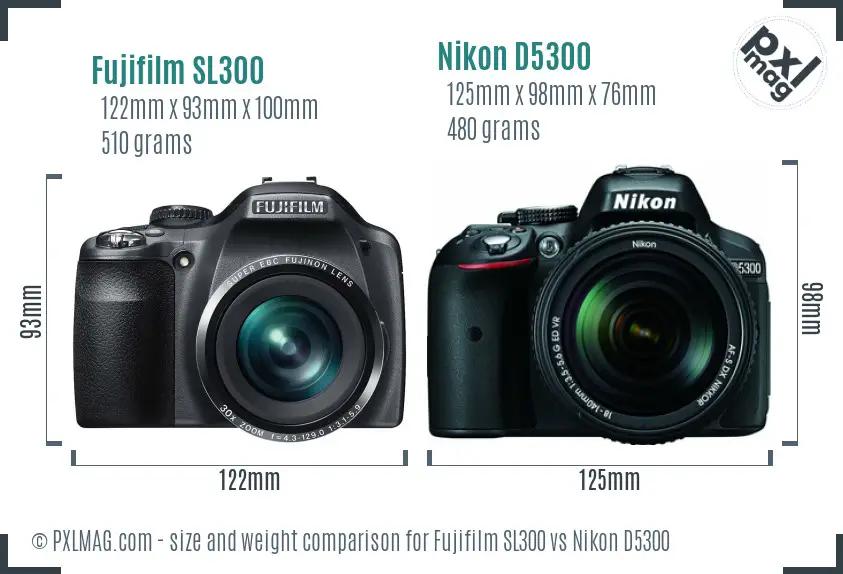 Fujifilm SL300 vs Nikon D5300 size comparison
