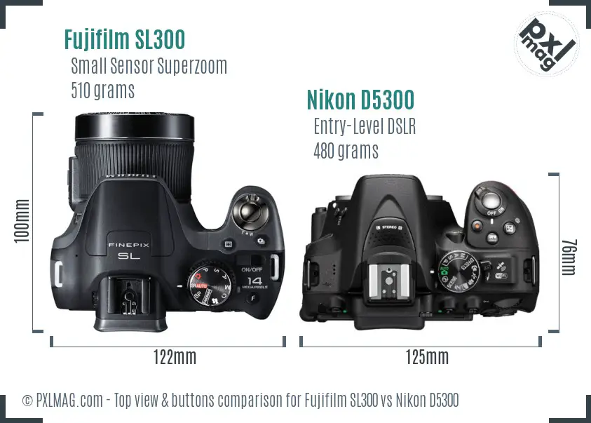 Fujifilm SL300 vs Nikon D5300 top view buttons comparison