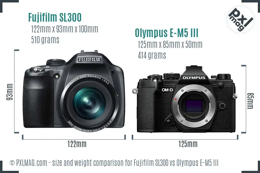 Fujifilm SL300 vs Olympus E-M5 III size comparison