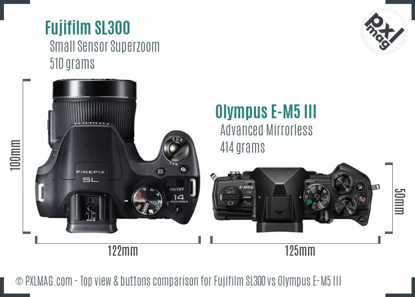 Fujifilm SL300 vs Olympus E-M5 III top view buttons comparison