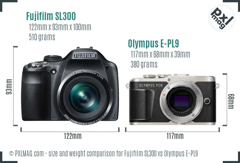 Fujifilm SL300 vs Olympus E-PL9 size comparison