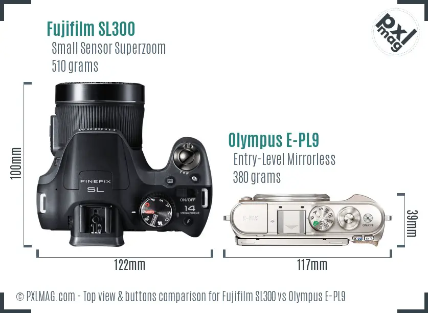 Fujifilm SL300 vs Olympus E-PL9 top view buttons comparison