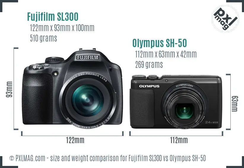 Fujifilm SL300 vs Olympus SH-50 size comparison