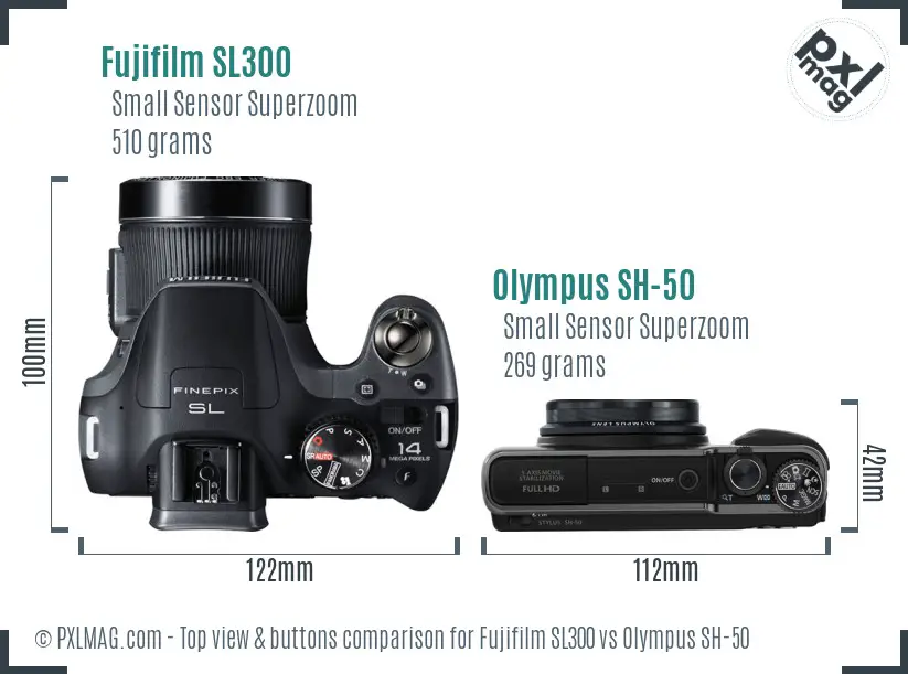 Fujifilm SL300 vs Olympus SH-50 top view buttons comparison