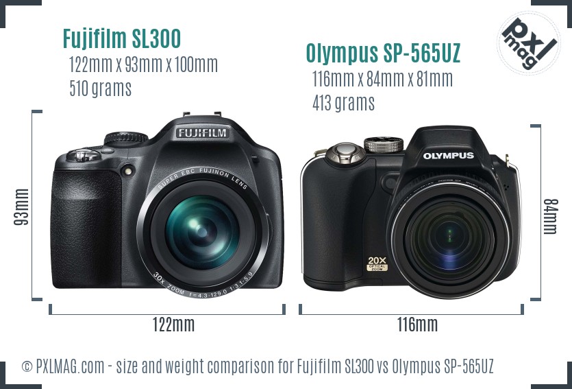 Fujifilm SL300 vs Olympus SP-565UZ size comparison Fujifilm SL300 vs Olympus SP-565UZ size comparison