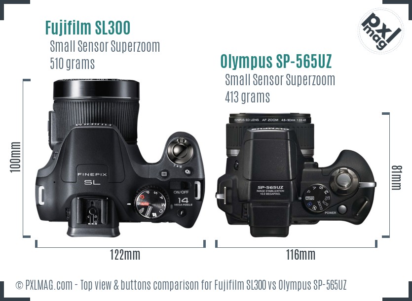 Fujifilm SL300 vs Olympus SP-565UZ top view buttons comparison