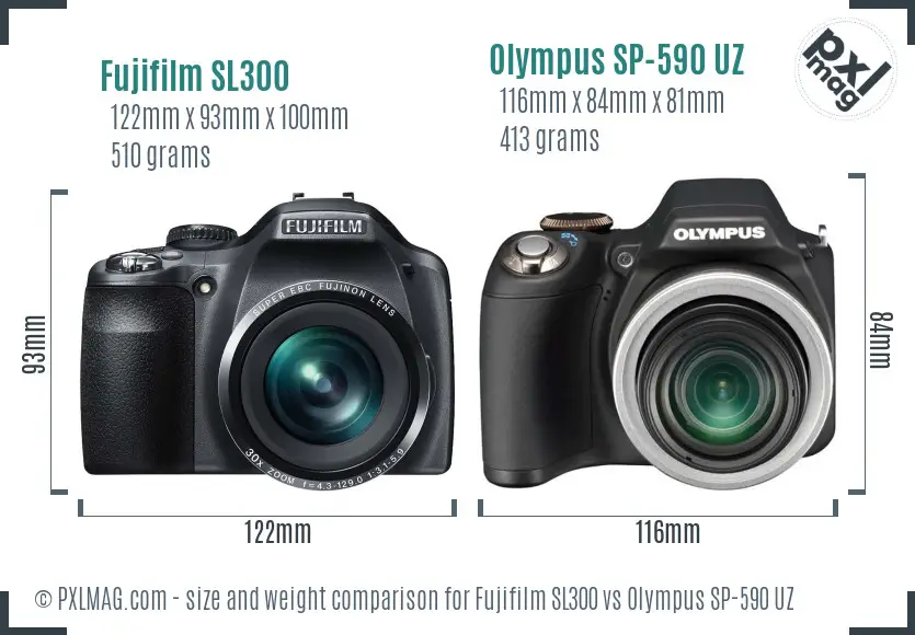 Fujifilm SL300 vs Olympus SP-590 UZ size comparison