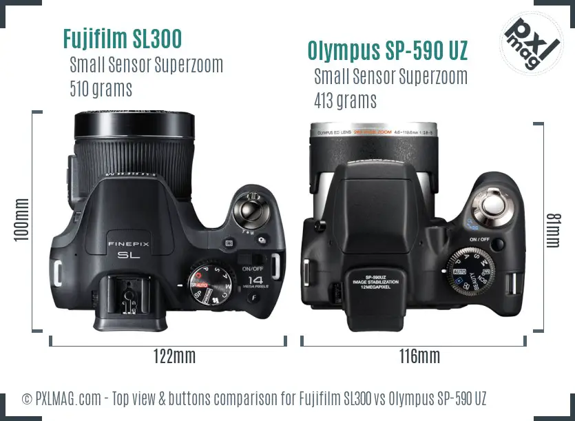 Fujifilm SL300 vs Olympus SP-590 UZ top view buttons comparison