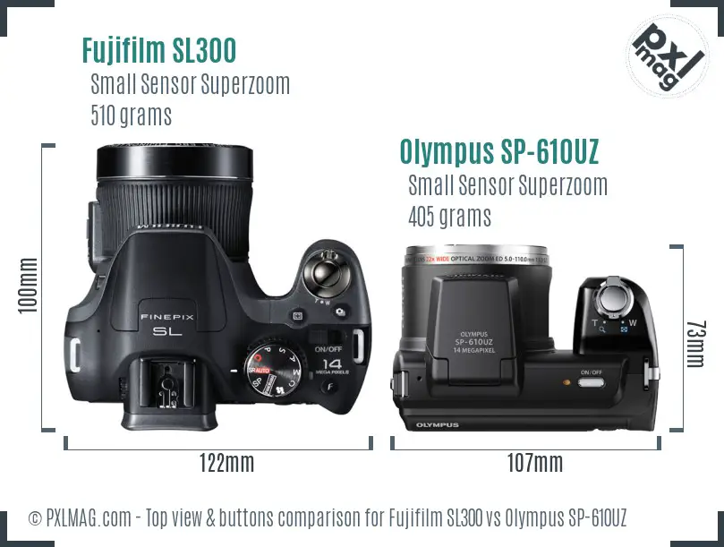 Fujifilm SL300 vs Olympus SP-610UZ top view buttons comparison