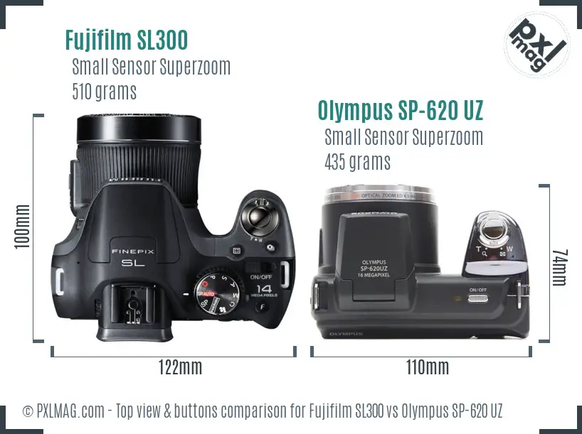 Fujifilm SL300 vs Olympus SP-620 UZ top view buttons comparison