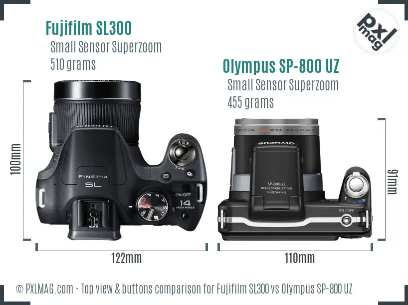 Fujifilm SL300 vs Olympus SP-800 UZ top view buttons comparison Fujifilm SL300 vs Olympus SP-800 UZ top view buttons comparison