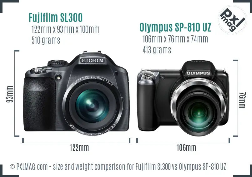 Fujifilm SL300 vs Olympus SP-810 UZ size comparison Fujifilm SL300 vs Olympus SP-810 UZ size comparison