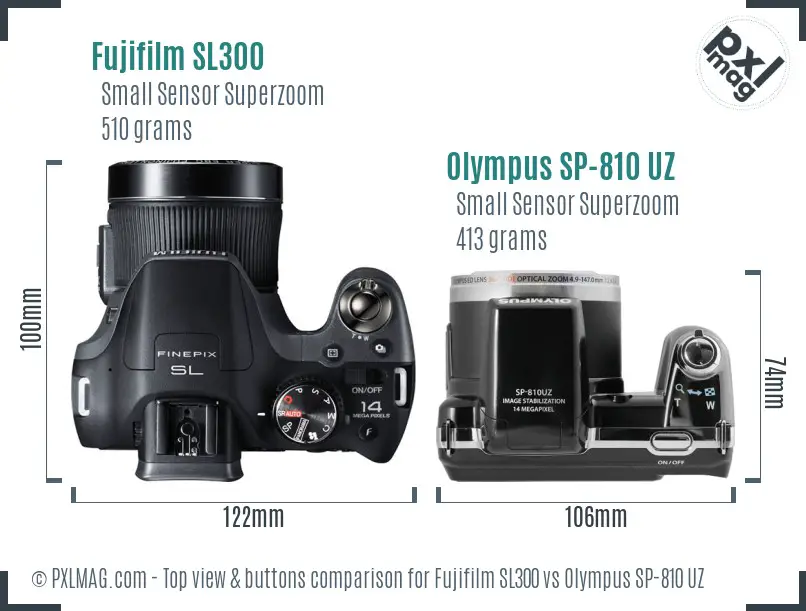 Fujifilm SL300 vs Olympus SP-810 UZ top view buttons comparison Fujifilm SL300 vs Olympus SP-810 UZ top view buttons comparison