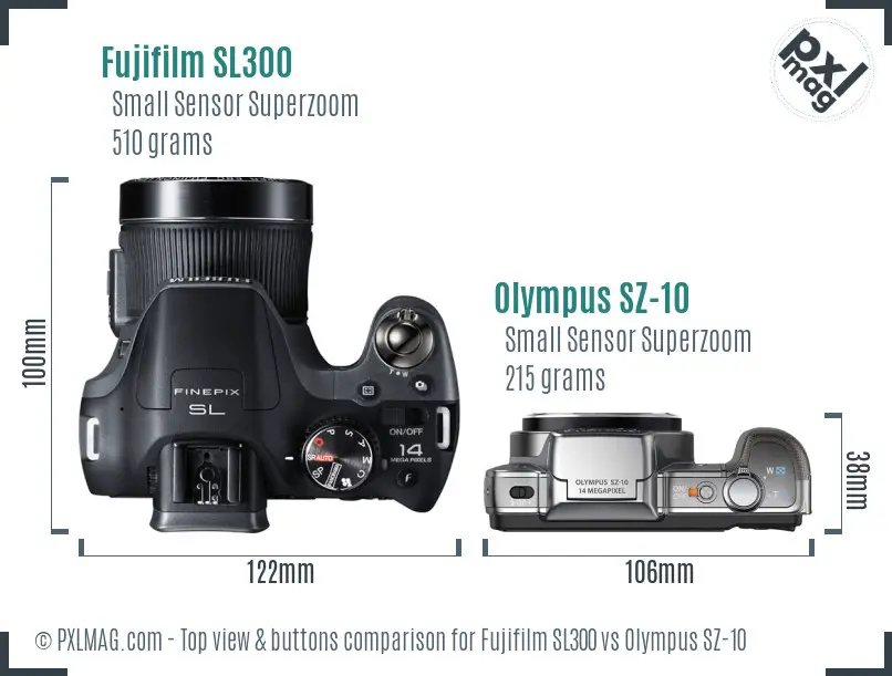 Fujifilm SL300 vs Olympus SZ-10 top view buttons comparison