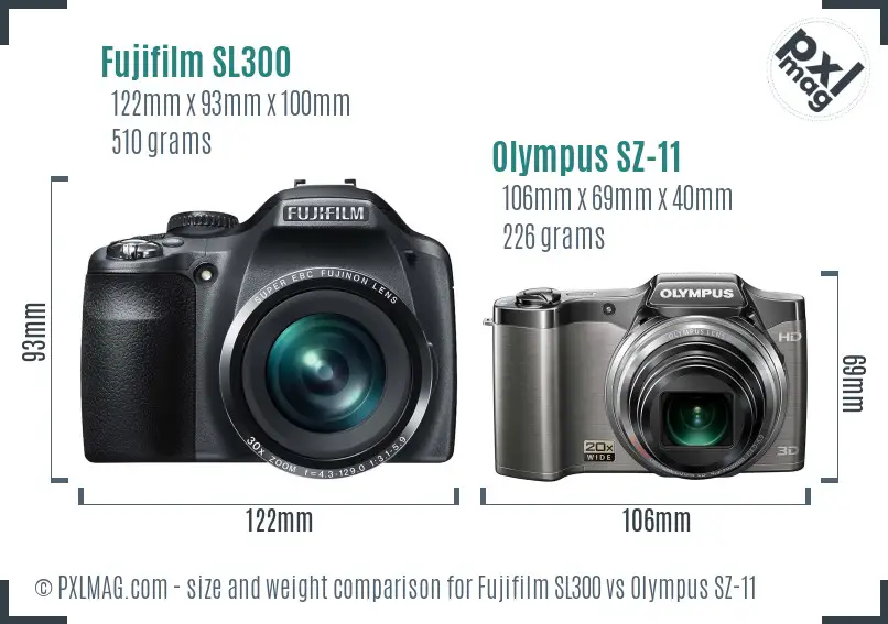 Fujifilm SL300 vs Olympus SZ-11 size comparison