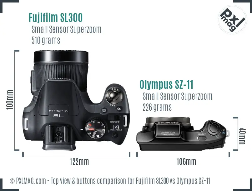 Fujifilm SL300 vs Olympus SZ-11 top view buttons comparison