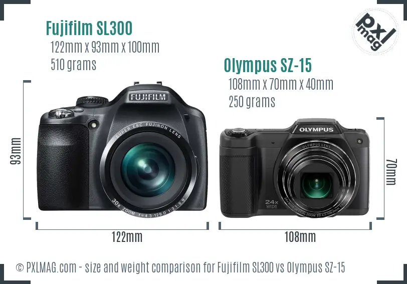 Fujifilm SL300 vs Olympus SZ-15 size comparison