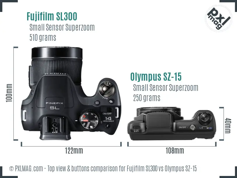 Fujifilm SL300 vs Olympus SZ-15 top view buttons comparison