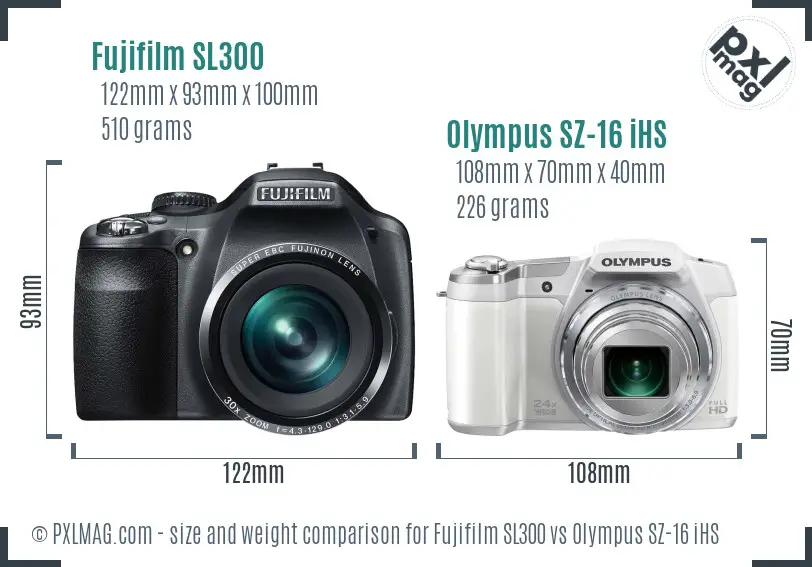 Fujifilm SL300 vs Olympus SZ-16 iHS size comparison