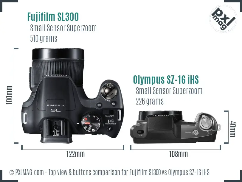 Fujifilm SL300 vs Olympus SZ-16 iHS top view buttons comparison