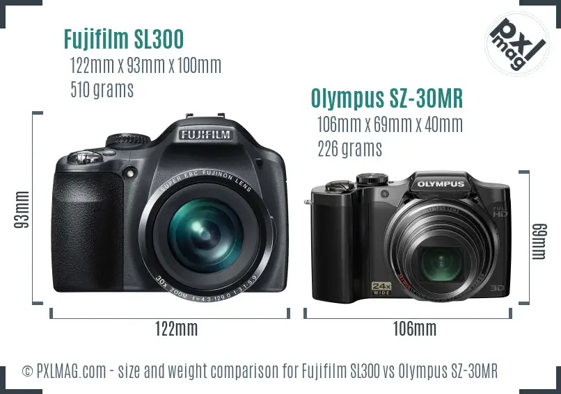 Fujifilm SL300 vs Olympus SZ-30MR size comparison