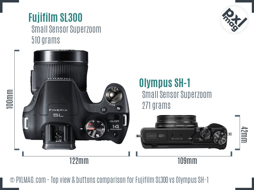 Fujifilm SL300 vs Olympus SH-1 top view buttons comparison