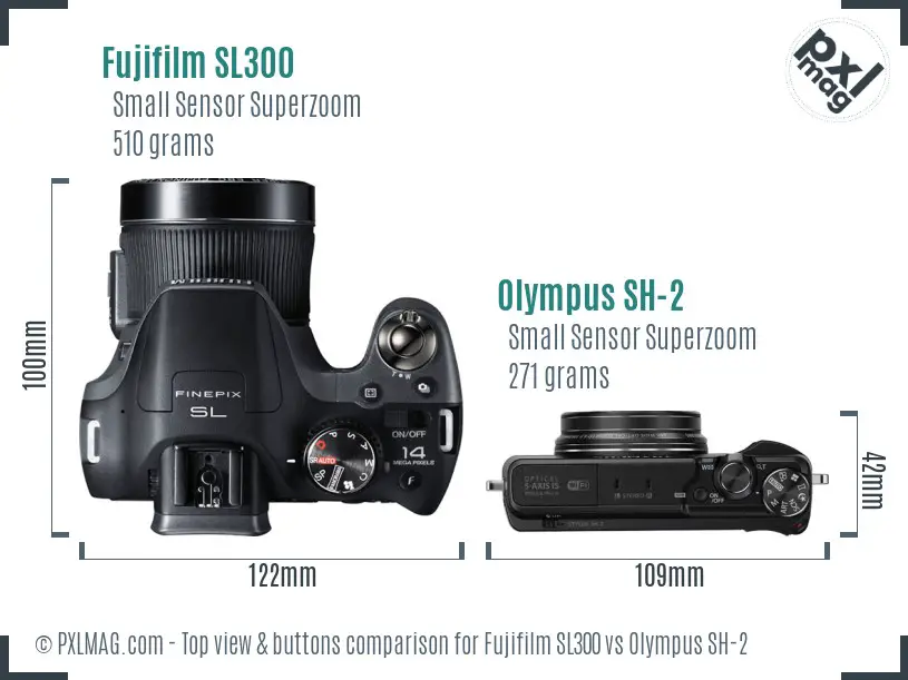 Fujifilm SL300 vs Olympus SH-2 top view buttons comparison