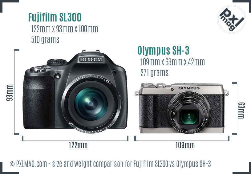 Fujifilm SL300 vs Olympus SH-3 size comparison