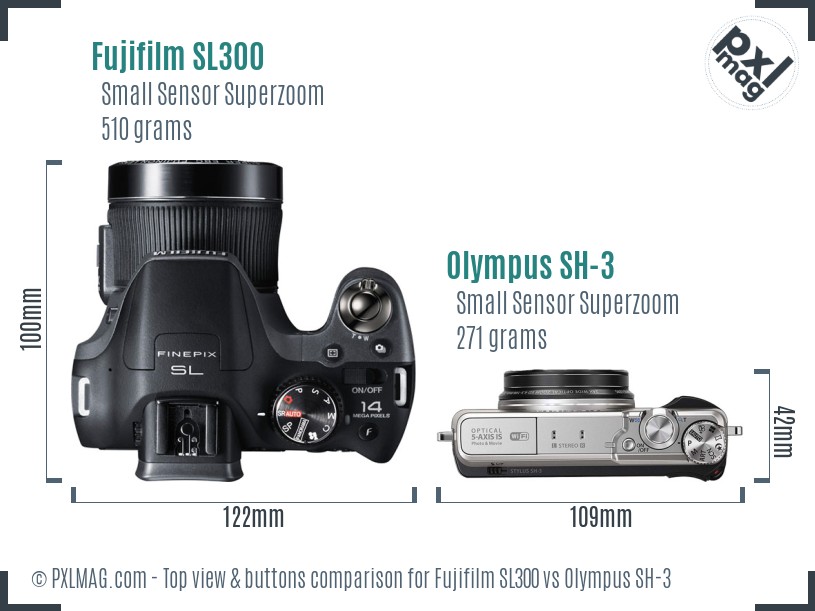 Fujifilm SL300 vs Olympus SH-3 top view buttons comparison