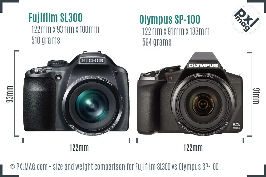 Fujifilm SL300 vs Olympus SP-100 size comparison