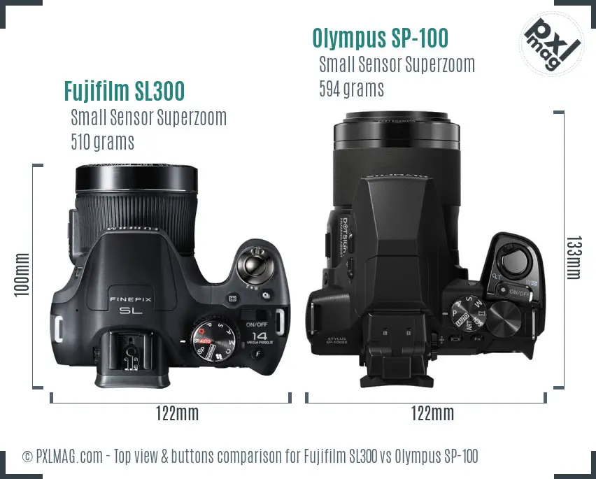 Fujifilm SL300 vs Olympus SP-100 top view buttons comparison