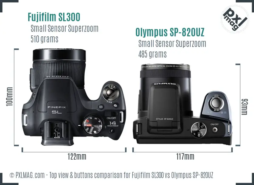 Fujifilm SL300 vs Olympus SP-820UZ top view buttons comparison Fujifilm SL300 vs Olympus SP-820UZ top view buttons comparison