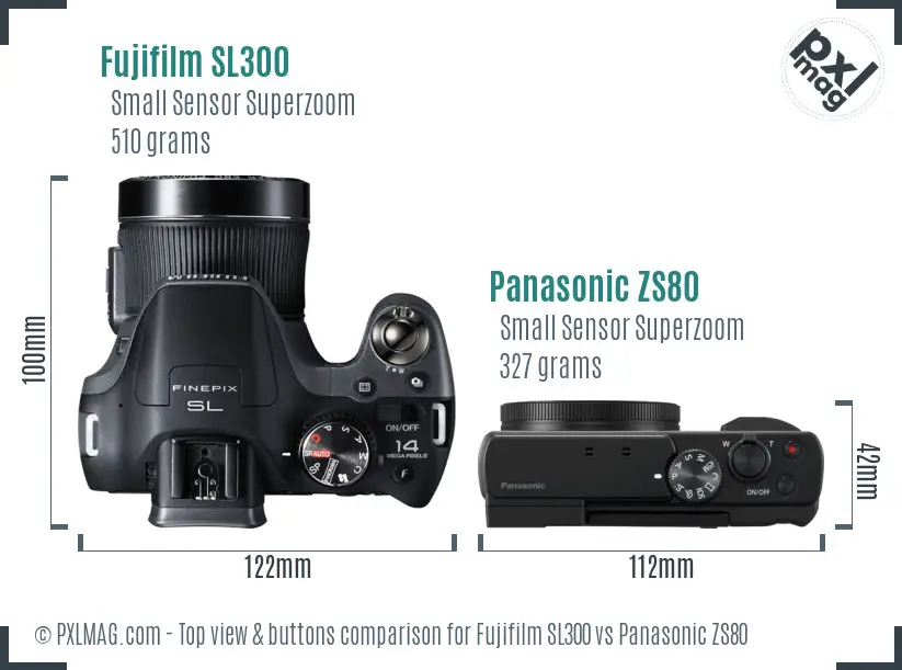 Fujifilm SL300 vs Panasonic ZS80 top view buttons comparison