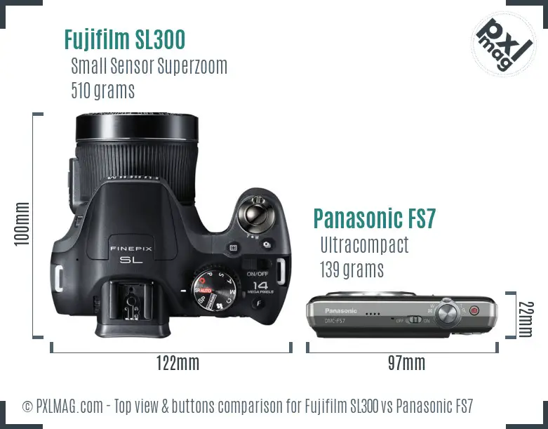 Fujifilm SL300 vs Panasonic FS7 top view buttons comparison