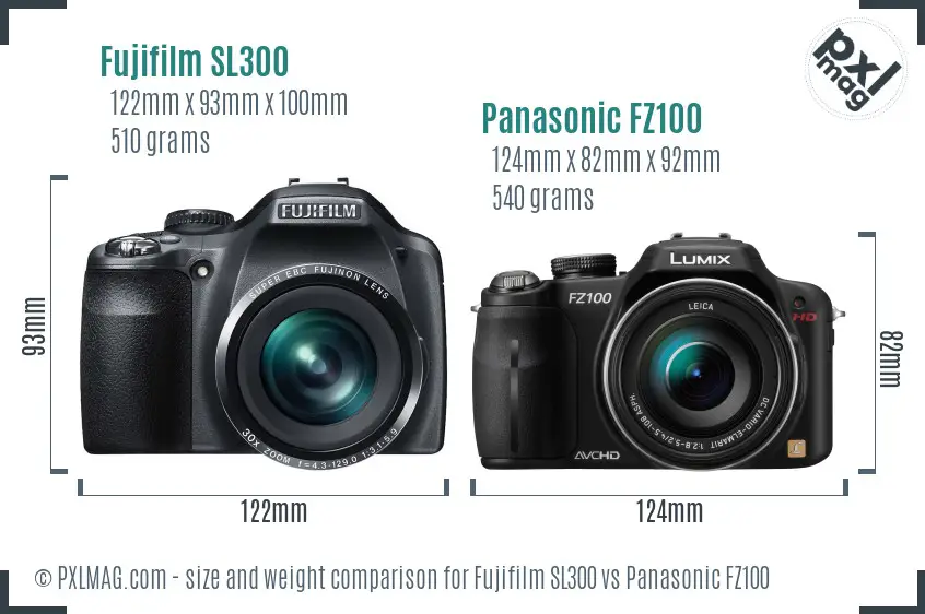 Fujifilm SL300 vs Panasonic FZ100 size comparison