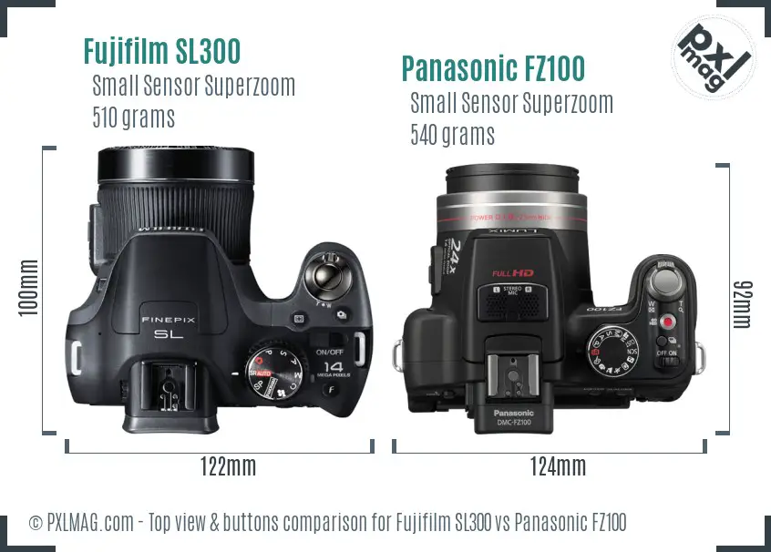 Fujifilm SL300 vs Panasonic FZ100 top view buttons comparison