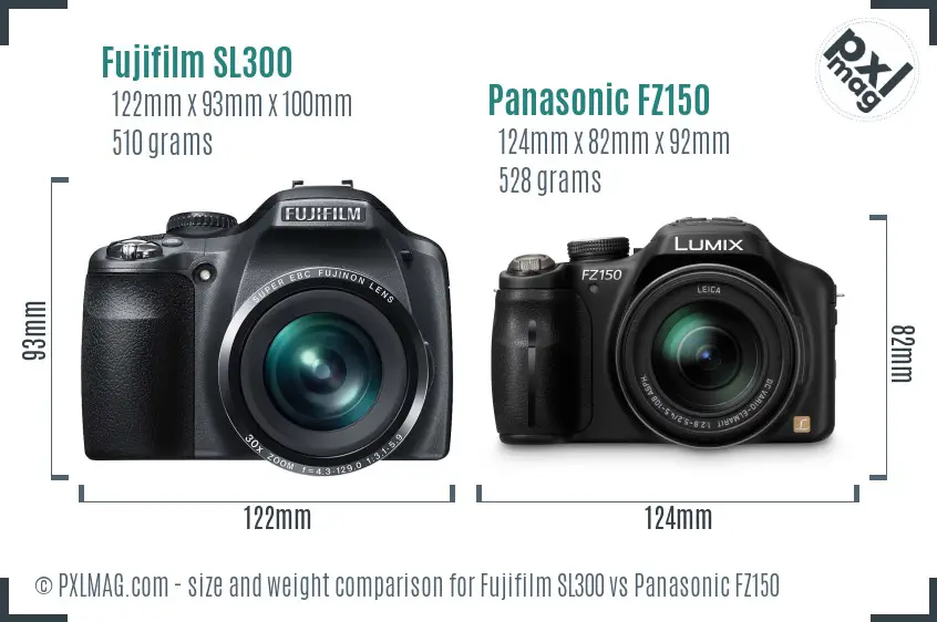 Fujifilm SL300 vs Panasonic FZ150 size comparison