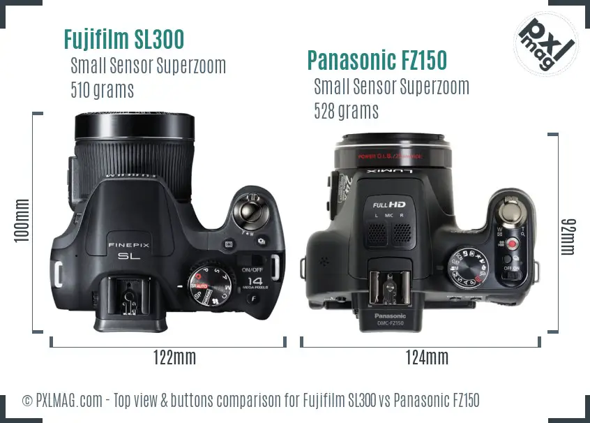Fujifilm SL300 vs Panasonic FZ150 top view buttons comparison