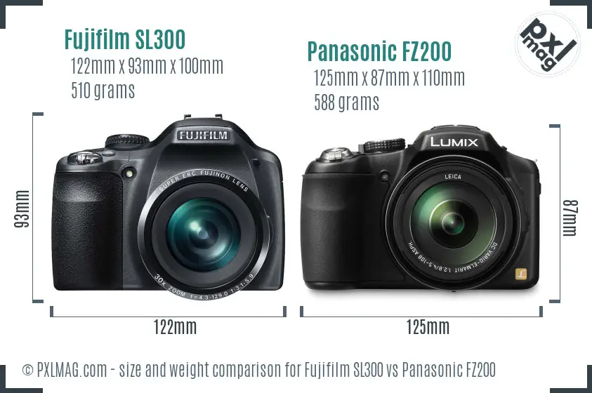 Fujifilm SL300 vs Panasonic FZ200 size comparison