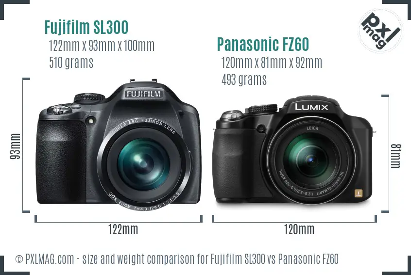 Fujifilm SL300 vs Panasonic FZ60 size comparison Fujifilm SL300 vs Panasonic FZ60 size comparison