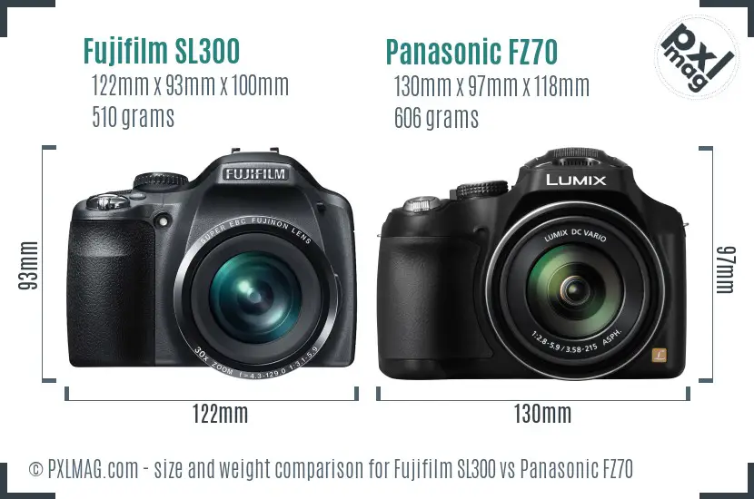 Fujifilm SL300 vs Panasonic FZ70 size comparison